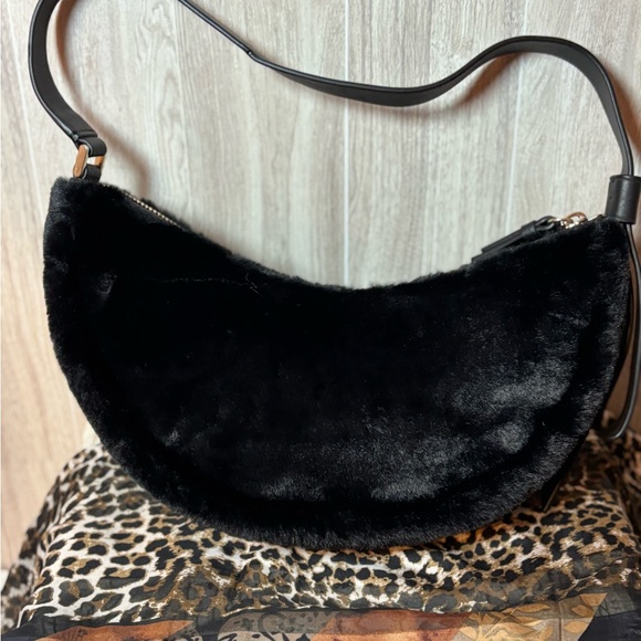 Kate Spade Smile Crescent Elegant Black Faux Fur Shoulder Bag - Picture 3 of 8